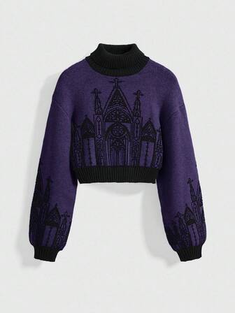 Goth Maglione da donna con collo alto, maniche a lanterna e motivo a croce del castello, in stile gotico scuro per Ognissanti