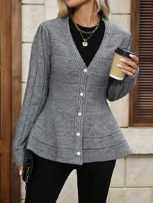 EMERY ROSE Femmes Mode Col V Design Croisé Taille A-Line Cardigan Pull, Cardigan Gris Polyvalent Femmes Cardigan Boutonnage Cardigan Boutons Perle Cardigan Gris Peplum Cardigan Pull D'hiver Femmes Automne Pour Femmes Hiver Pour Femmes Sortie - Gris - Voir 7