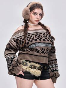 ROMWE Kawaii Plus Size Avant Vintage Geometric Abstract Fair Isle Pattern Fuzzy Plus Size Off-Shoulder Sweater, Retro Street Style Loose Fit Fair Isle Knit Pullover For Autumn/Winter, Plus Size Casual Fashion Women Clothing, Y2K Vintage Inspired Plus Size Women Sweater With Fair Isle Pattern For Holiday Party, Christmas Party, Elegant Plus Size Ladies Knitwear - Multicolor - View 1