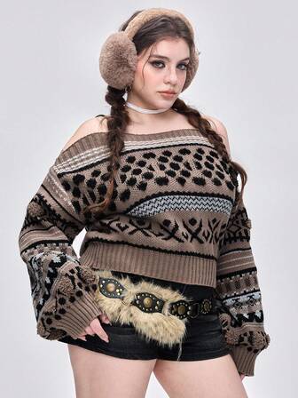 Kawaii Maglione oversize con spalle scoperte, motivo geometrico astratto Fair Isle, stile vintage d'avanguardia, vestibilità morbida, stile di strada vintage, maglia lavorata a maglia Fair Isle oversize per autunno/inverno, abbigliamento casual di moda per donne taglie forti, ispirato allo stile vintage Y2K, maglione oversize da donna con motivo Fair Isle per feste natalizie ed eleganti, maglieria oversize per signore