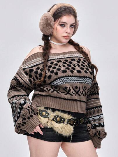 Kawaii Suéter holgado de punto con estampado geométrico abstracto de estilo Fair Isle, de talla grande, con hombros descubiertos, de estilo retro callejero, para otoño/invierno, moda casual de talla grande para mujeres, inspirado en el estilo vintage Y2K de talla grande con estampado Fair Isle para fiestas navideñas y de vacaciones, elegante ropa de punto de talla grande para mujeres