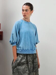 COUREZ Regelmäßige Passform Ballonärmel Sweatshirt in verwaschenem blauem Jersey / Y2K Ausgehoutfits Winterkleidung Herbstkleidung für Frauen Winterkleidung für Frauen Ausgeh-Oberteile - Blau - Übersicht 4