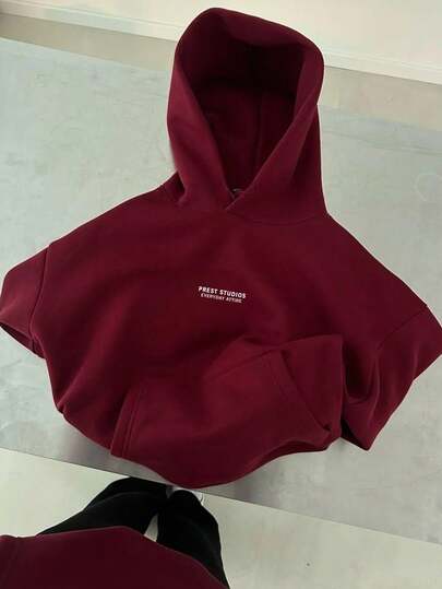 SHEIN Damen Langarm Hoodie mit Buchstaben-Muster, Tasche und Thermofutter, für Herbst/Winter