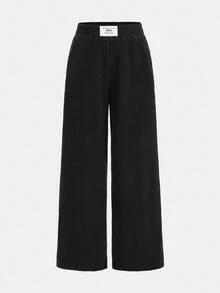 SHEIN Tween Girls Loose Casual Black Ribbed Straight Leg Pants With Drawstring Pattern, Suitable For Autumn/Winter - Black - View 5