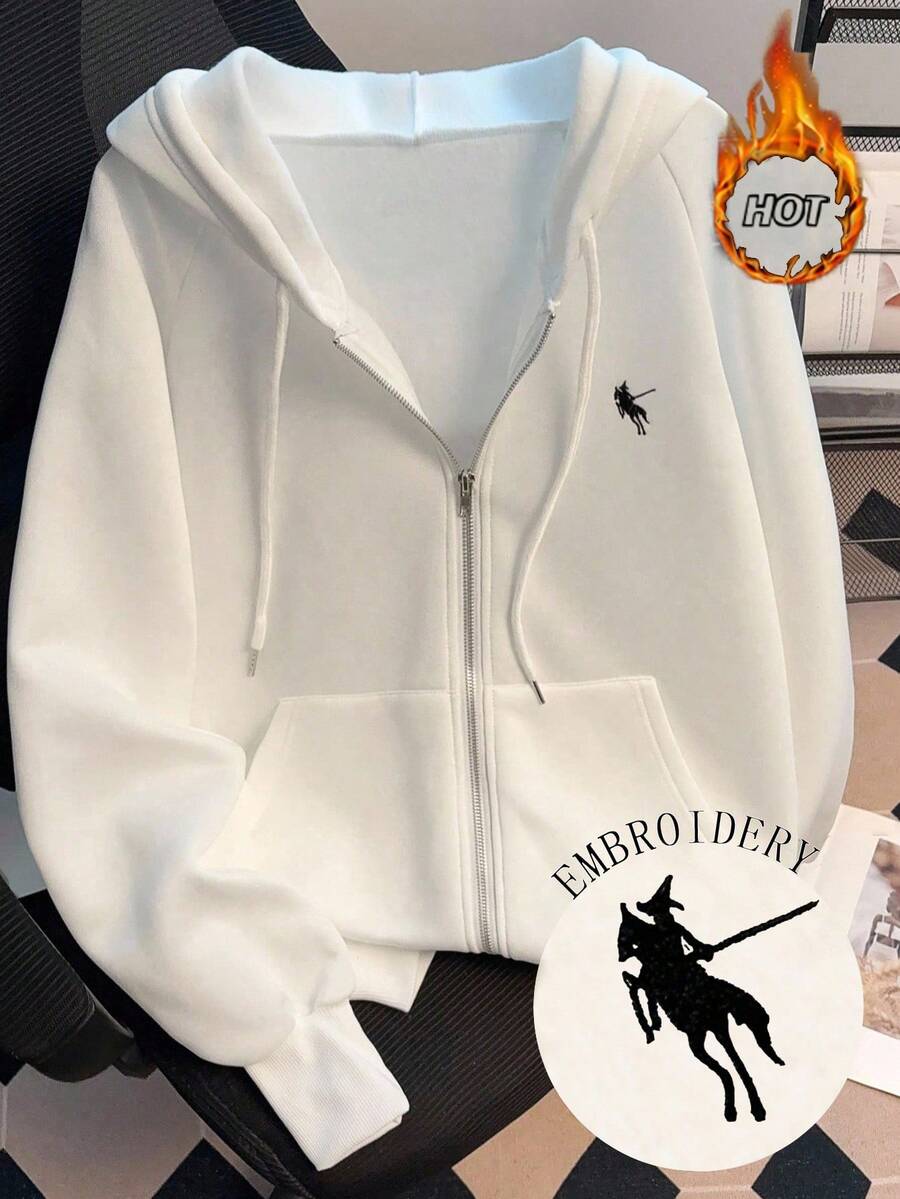 SHEIN Nueva chaqueta con capucha de estilo casual con cremallera y unicolor con bordado de caballo para mujeres - Blanco - Ver 1
