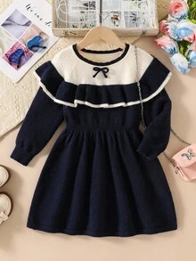 SHEIN 女童手工蝴蝶结针织连衣裙，可爱简约，秋冬新品，女童公主风长袖连衣裙，百搭可爱，适合返校日穿 - 寶藍色 - 查看 7