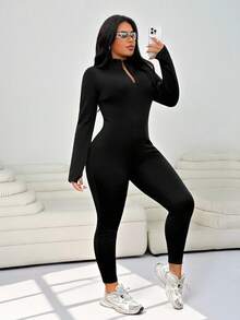 SHEIN EZwear Plus Size Women's Black Casual Slim Jumpsuit,Fall,Winter,Back To School,Casual,Warm Plus Size Jumpsuits For Women - Black - View 6