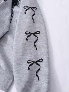 Tween Girl Vintage Bow Print Sweatshirt, Casual Street Style, Spring/Autumn Fall Winter - Grey - View 6