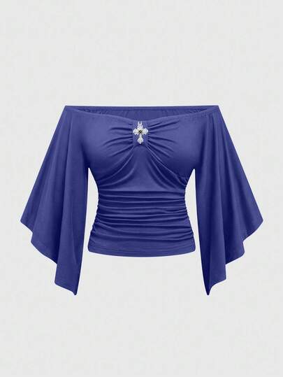 J-Fashion Maglietta da donna vintage Y2K a spalle scoperte con maniche a campana e vestibilità aderente