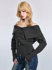 ROMWE J-Fashion Women's Solid Color Off Shoulder Long Sleeve Button Design Fashion Sweater, Autumn/Winter - Grey - View 5