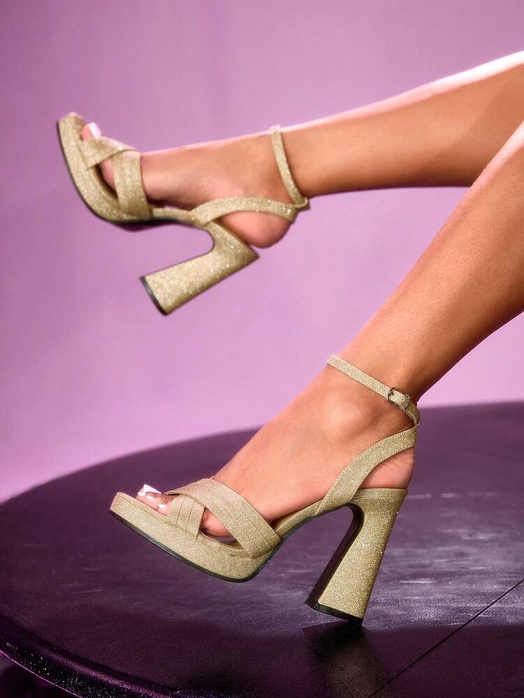 CUCCOO LuxiPop Stylish And Sexy Women's Gold High-Heeled Sandals Nightclub Charm Shiny Strap Combination Banquet Party Height-Enhancing Sandals