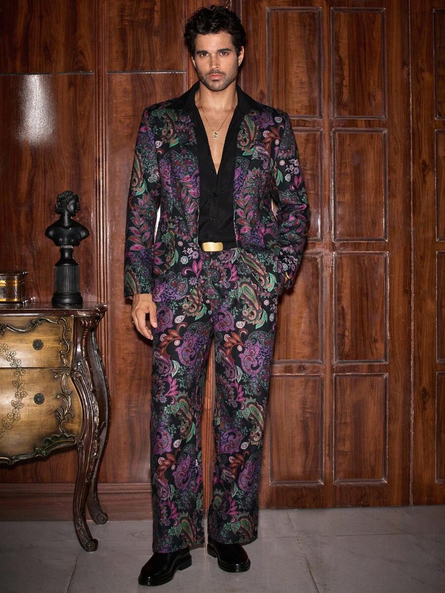 HIMLAND 2pcs/Set Men's Casual All-Over Print Suit Set