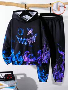 SHEIN 2 件儿童/青少年男童休闲日常百搭舒适印花连帽卫衣和宽松慢跑裤套装
