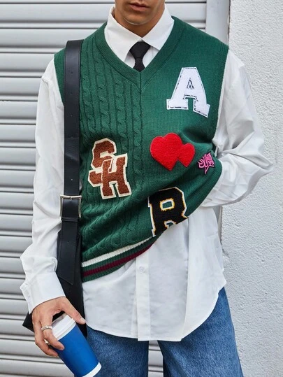 Manfinity CasualKnits Men's V-Neck Sleeveless Fashionable Knitted Heart & Letter Decor Versatile Knit Sweater Vest, Fall Winter