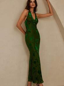 GENKIRA 性感深V领露背天鹅绒烂花紧身鱼尾无袖连衣裙 - 墨綠色 - 查看 5