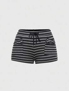 ROMWE Goth 2件套女士百搭针织弹力十字铆钉条纹吊带背心和短裤套装 - 黑色 - 查看 7