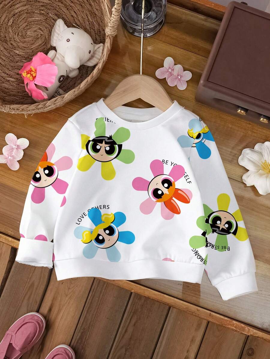 THE POWERPUFF GIRLS X SHEIN Moletom casual fofo com estampa de flor, bolhas e botão de ouro para bebês meninas, adequado para uso diário na primavera/outono
