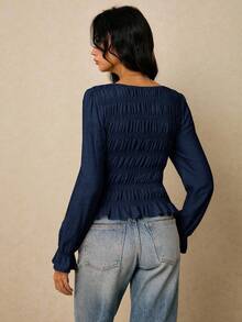 Poéselle 女式纯色荷叶边褶饰休闲长袖衬衫 - 藏蓝色 - 查看 6