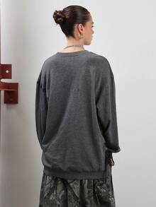 COUREZ 圆领宽松格纹卫衣 / Y2K 春季外出哥特风健身运动卫衣 - 深灰色 - 查看 3