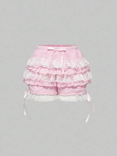 Kawaii Women Cute Girl-Like Lace Trim Ribbon Bow Ruffle Shorts