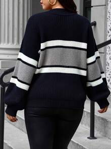 Vionelle Plus Size Color Block Striped Print Stand Collar Long Sleeve Sweater, For Winter Fall Cloth For Women