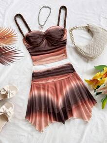 Soleia Women's Pink And Brown Knit Ombre 2 Pieces Set, Summer Boho Vacation Holiday Outfit,Party Date Beach Wedding Season Music Festival Cruise Outfit - Mocha Brown - View 4