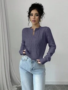 Selianne 女式 V 领长袖扭纹图案短款休闲毛衣，秋冬 - 紫色 - 查看 4