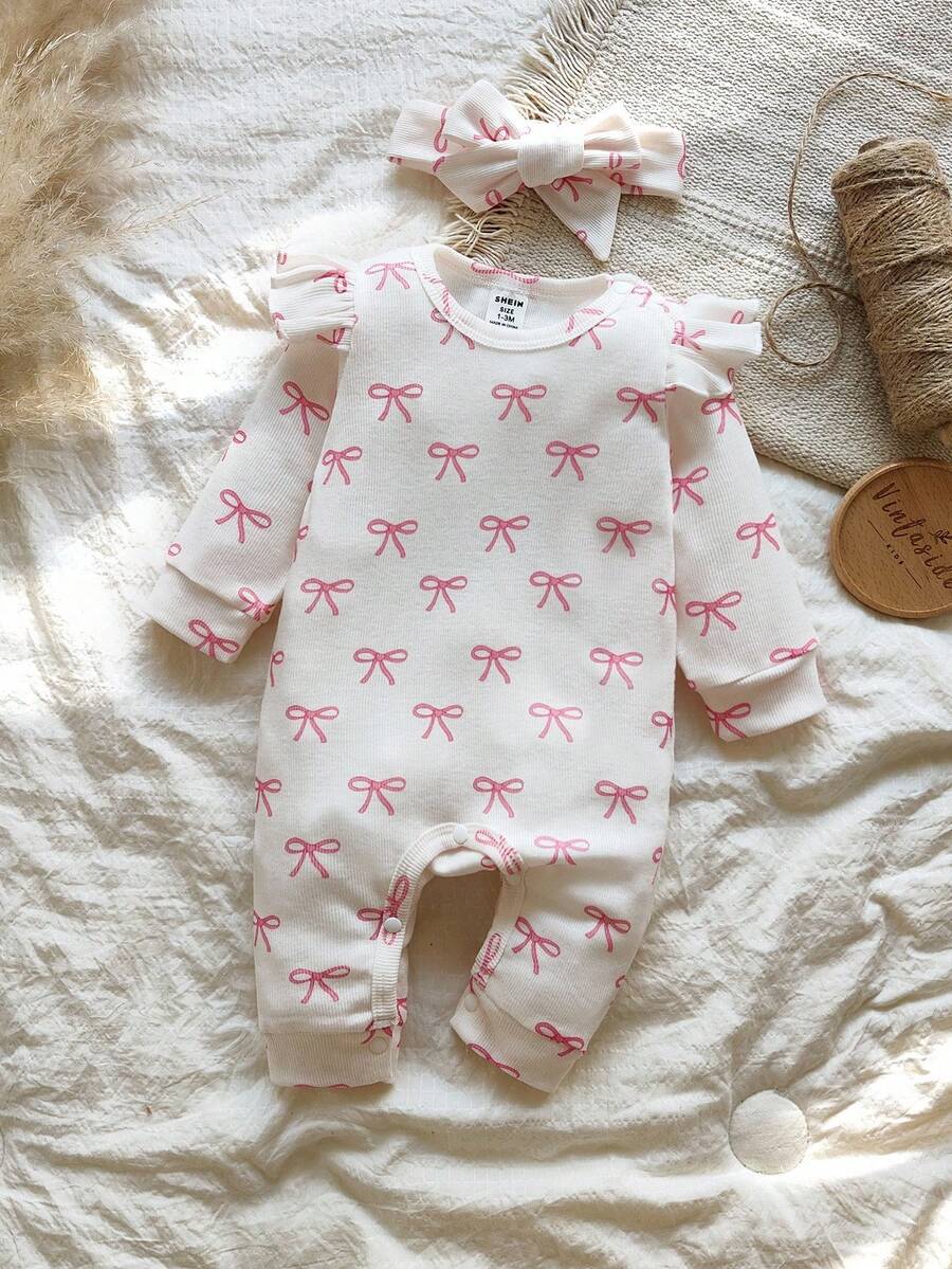 SHEIN 情人节新生儿爱心印花连体衣，舒适针织休闲连体衣，含发带，秋冬季款 - 粉色 - 查看 1