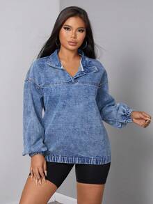 SHEIN SXY Áo khoác denim chui đầu thường ngày cỡ lớn cho nữ - Rửa nhẹ - Xem 3