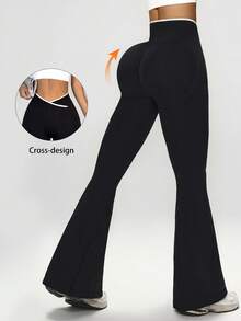 Dewbera 女式喇叭瑜伽裤，优雅廓形设计运动长裤 - 黑色 - 查看 2