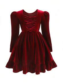 SHEIN Váy nơ 3D trang trí lưng dễ thương cho bé gái tuổi teen, váy đơn giản thanh lịch, thích hợp mặc vào mùa thu đông, Giáng sinh, dự tiệc, sinh nhật - Đỏ - Xem 7