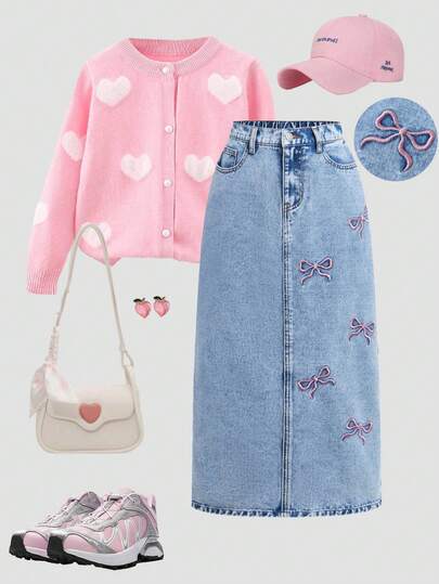 SHEIN Girlism Teen Girls Y2K Light Washed High Waist Bowknot Embroidered Pocketed Cute Denim Jeans Skirt,Fall Winter Cute Long Skirt,Casual Baggy Jeans, Girls Fall Winter Back To School Homecoming Jeans,Girls Pants Streetwear Vintage Outfits,Comfortable And Versatile, Suitable For School, Home And Travel,EMBROIDERY JEANS SKIRTS