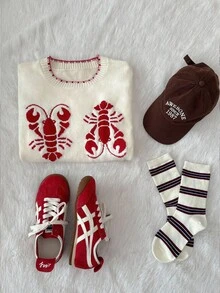 Elamini Women's Casual Lobster Pattern Jacquard Knit Sweater, Autumn/Winter