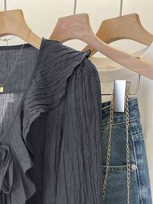 INAWLY French V-Neck Pleated Ruffle Tie Blouse