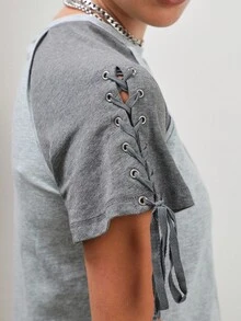 COUREZ Lattice Short Sleeve Spliced Shrunken Tee With Collegiate Graphics /Y2K Going Out Spring Going Out Tops Chic Women's Set Gym Sport Graphic Tees - Grey - View 5