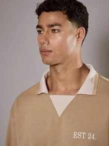 Musero Oversized Relaxed Long Sleeve Contrast Collar Premium Top "EST24" Slogan Top Only Fall/SPRING SUMMER - Brown - View 2