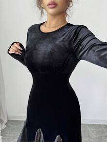 Modelyn 女士优雅水钻亮片装饰收腰开衩连衣裙 - 黑色 - 查看 8