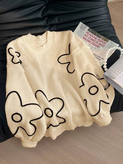 CosyJoli 大码女式花卉和线条图案套头衫，全新秋冬设计