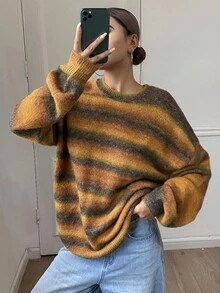 Livesso Women's Loose Fit Ombre Striped Sweater, Autumn - Yellow - View 5