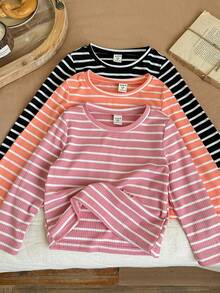 SHEIN LMoss Kids LMoss Young Girl 3pcs Young Girl Knit Striped Round Neck Casual Top Set