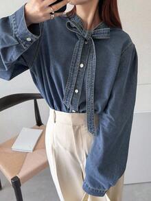 FRIFUL 女式长袖系带领单排扣休闲牛仔衬衫、牛仔夹克、秋季女装 - 藍色 - 查看 2