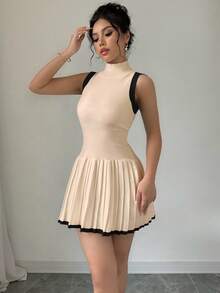 Elenzga Women's Fashion Casual Stand Collar Sleeveless Pleated Sweater Dress - Apricot - View 6