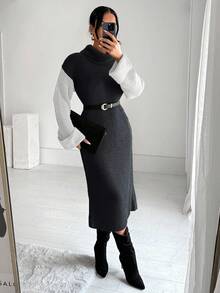 EURMUSE Women's Autumn/Winter Contrast Color Turtleneck Drop Shoulder Long Sleeve Fitted Knit Dress - Grey - View 4