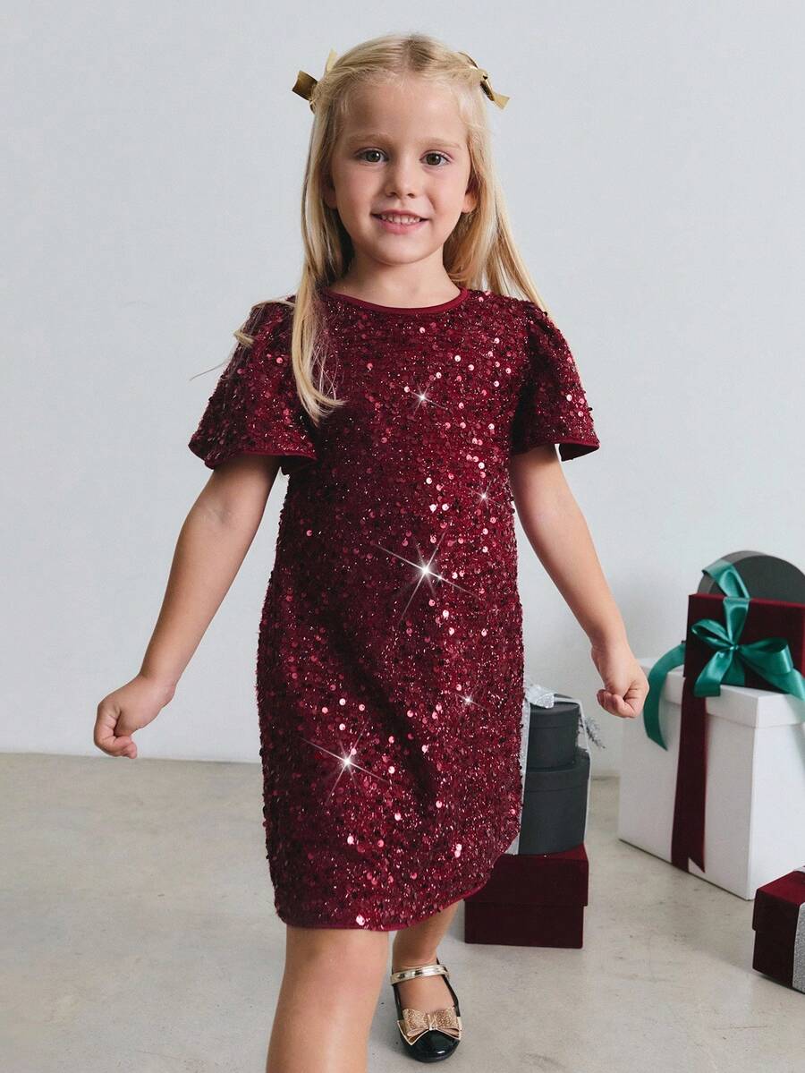 Maija Kids Young Girl An Autumn/Winter Classic, Fashionably Versatile Dress Perfect For Parties, Daily Wear, And Casual Outings - Elegant, Minimalist, And Dazzling With A Luxurious, Heavily Embellished Design. Made From A Rich Red Sequined Fabric, It Features A Round Neckline, Short Sleeves, Delicate 3D Gathered Ruffles And Lace-Like Details, And A Timeless A-Line Silhouette. A Structured Yet Graceful Piece, Ideal For Christmas. - Red - View 1