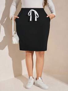 Comfylo Falda De Talla Grande Para Mujer De Color Sólido Y Diseño Sencillo - Negro - Ver 2