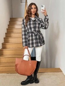 SHEIN LUNE Manteau en laine à carreaux avec boutons sur le devant pour femmes, style vintage décontracté et élégant pour les déplacements, pour l'automne/hiver - Noir et Blanc - Voir 3