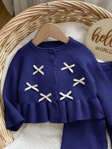 SHEIN Baby Mädchen Lässig Schleife Dekor Rüschen Saum Pullover und Hose Set, Herbst/Winter