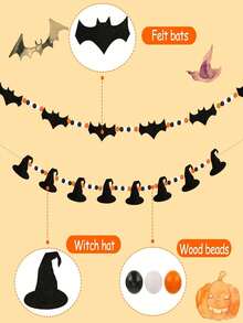 1/2pack Witch Halloween Garland, Felt Witch Decorations Halloween Wooden Beads Garland For Bedroom Haunted House Fireplace Wall Indoor Outdoor - Multicolor - Ver 6