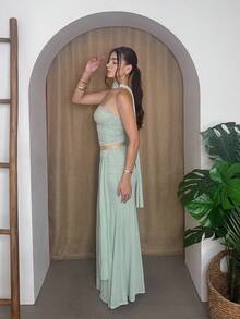 Andrea Bello 2 件套夏季纯粉色短款褶皱吊带背心和低腰褶皱飘逸中长裙，海滩度假装，波西米亚露背连衣裙，女士音乐节服装，伴娘 2 件套 - 薄荷綠 - 查看 4