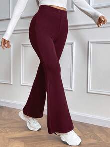 SHEIN Raffinéa Quần ống loe lưng cao lót nhiệt đa năng, thoải mái hàng ngày dành cho nữ, cạp chun, màu đen, mùa đông - Gỗ đỏ - Xem 5